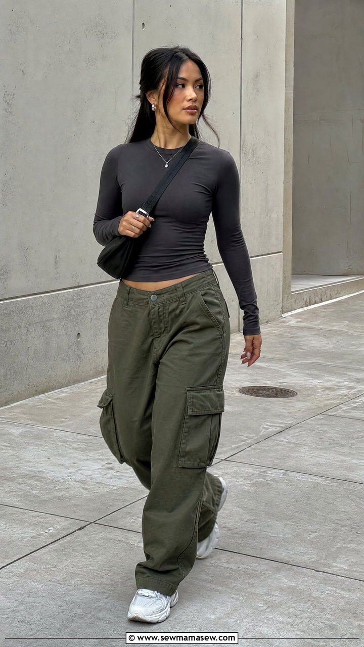 Long Sleeve Bodycon Top With Cargo Pants - 20 bodycon top outfit ideas