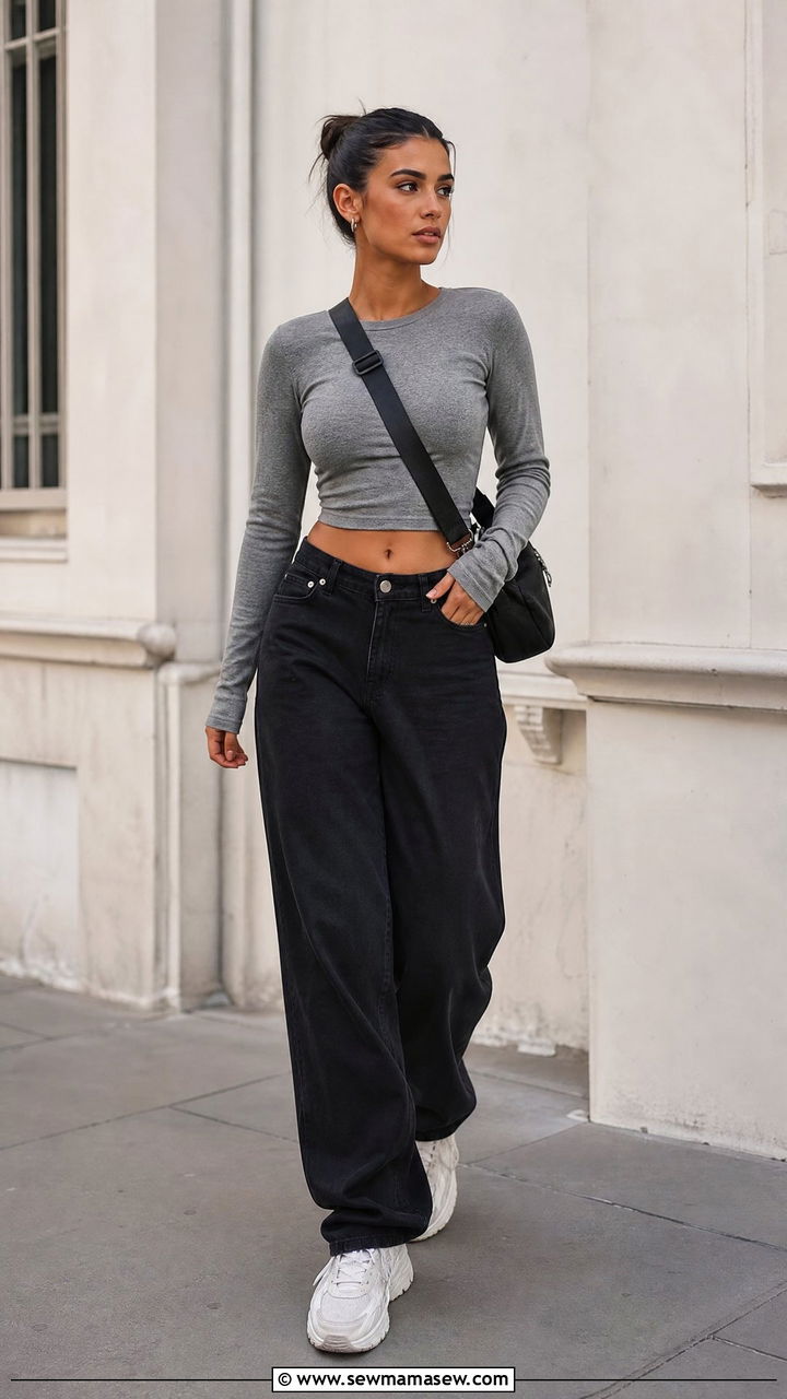 Long Sleeve Crop Top With Black Jeans - 20 crop top with black jeans outfit ideas