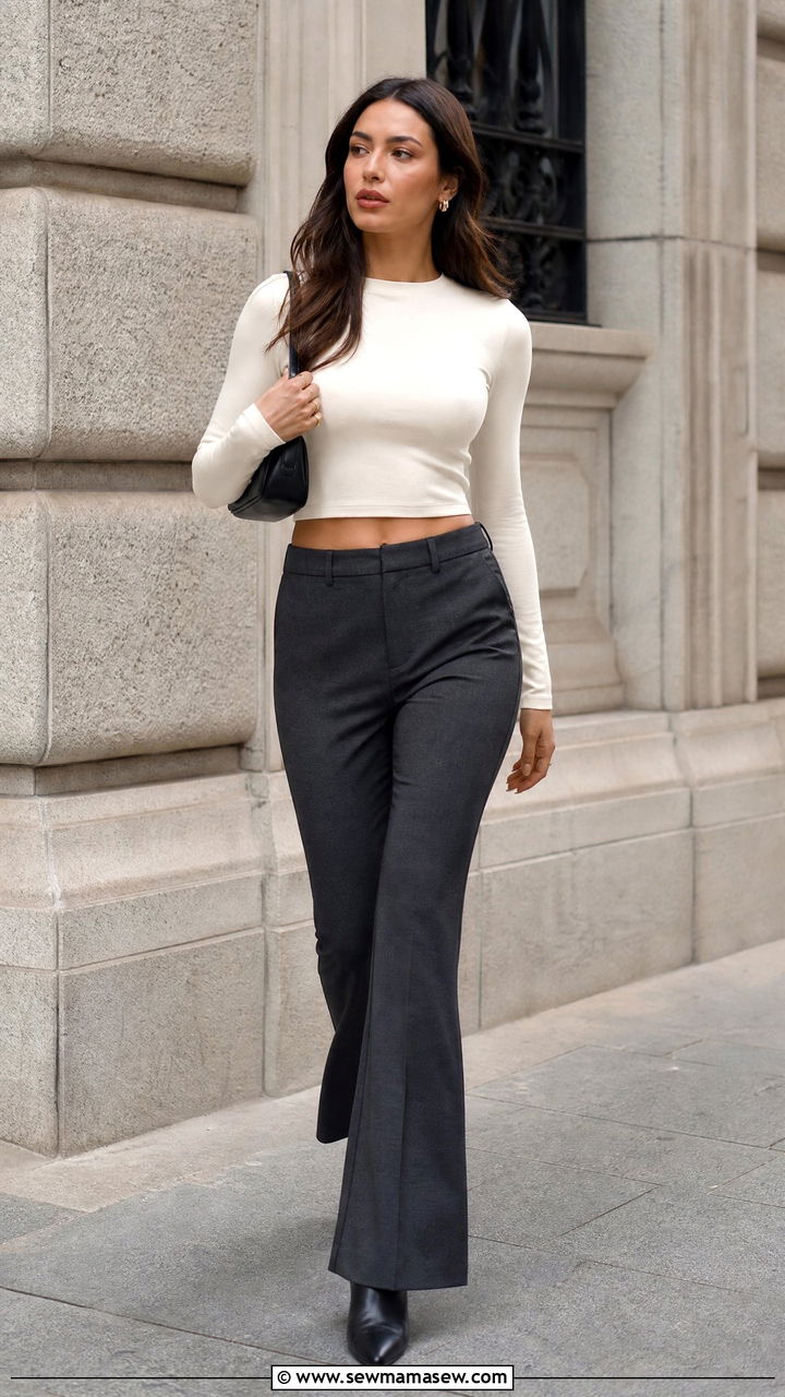 Long Sleeve Crop Top With Bootcut Pants - 20 crop top with bootcut pants outfit ideas
