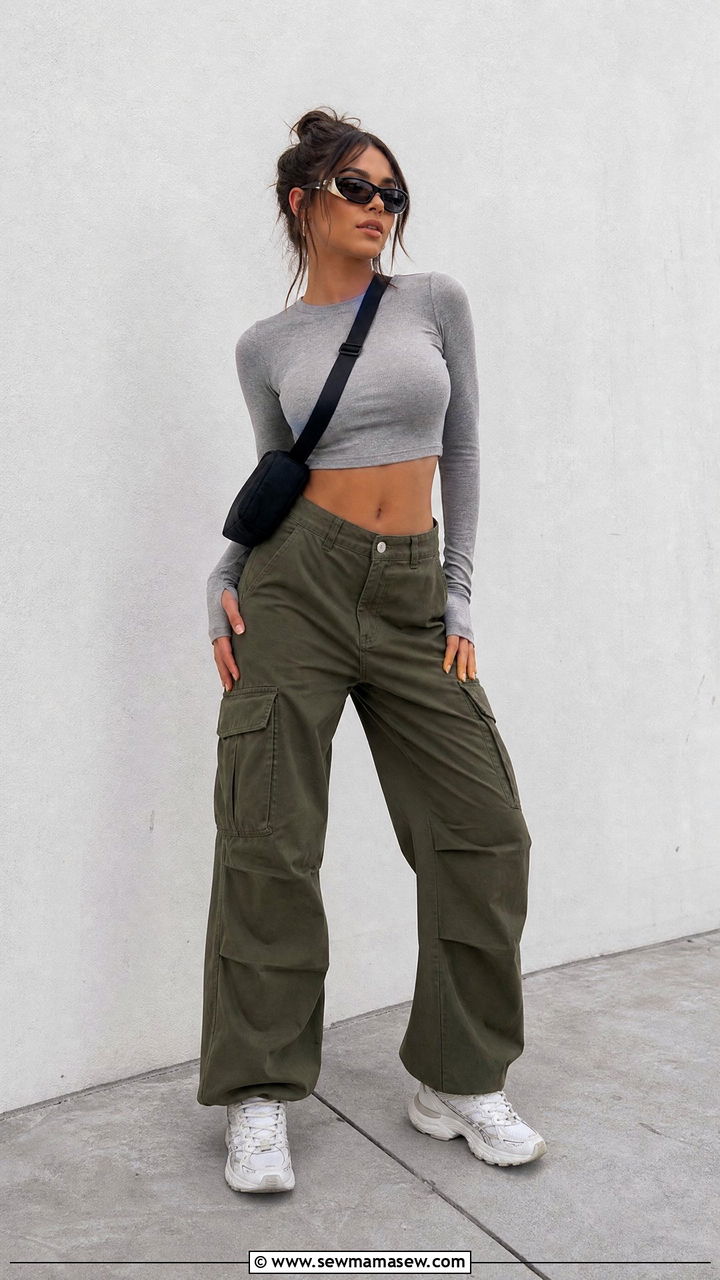 Long Sleeve Crop Top With Cargo Pants - 20 long sleeve crop top outfit ideas