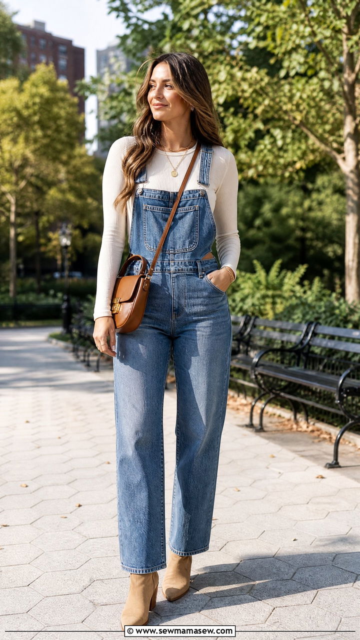 Long Sleeve Crop Top With Denim Overalls And Ankle Boots - 20 crop top with denim overalls outfit ideas