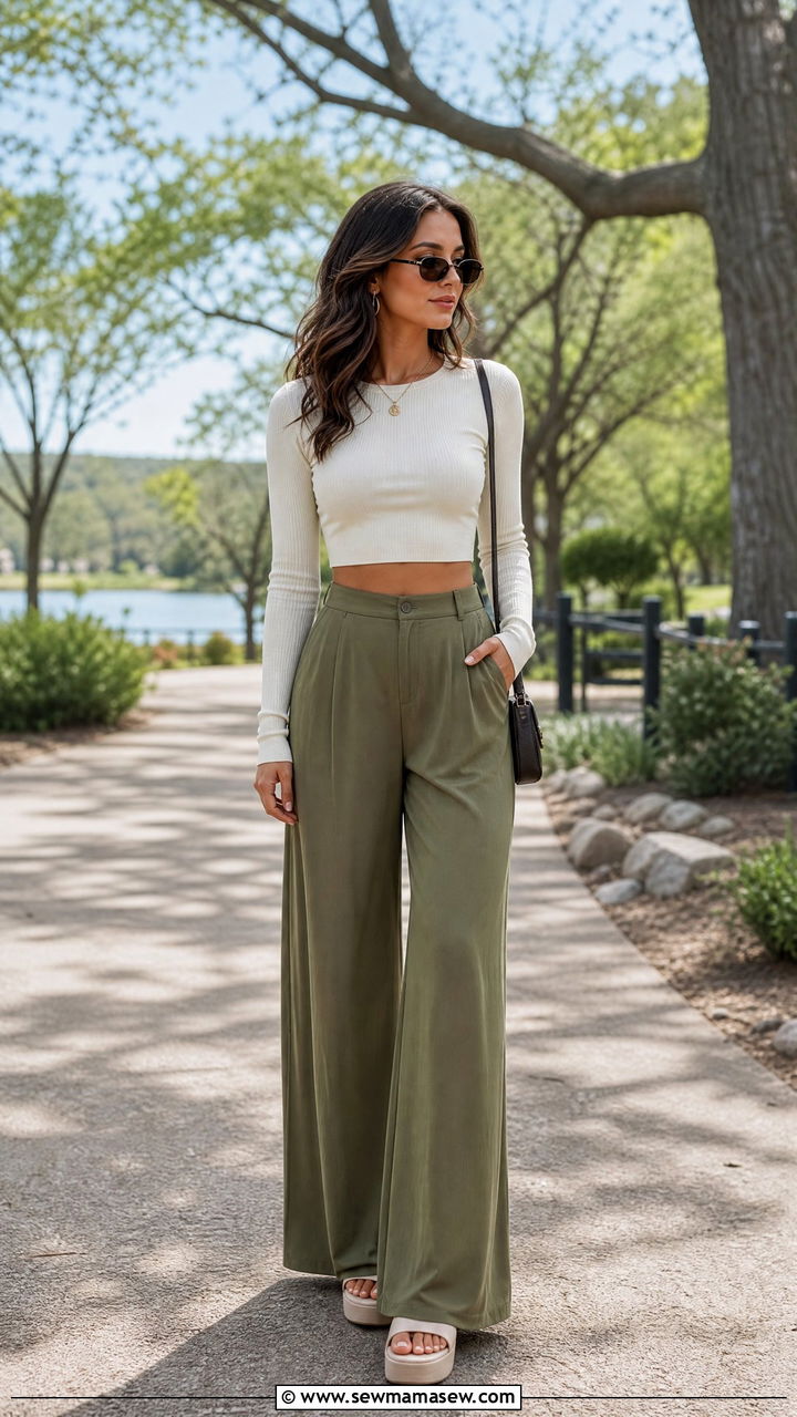 Long Sleeve Crop Top With Flowy Pants - 20 crop top with flowy pants outfit ideas