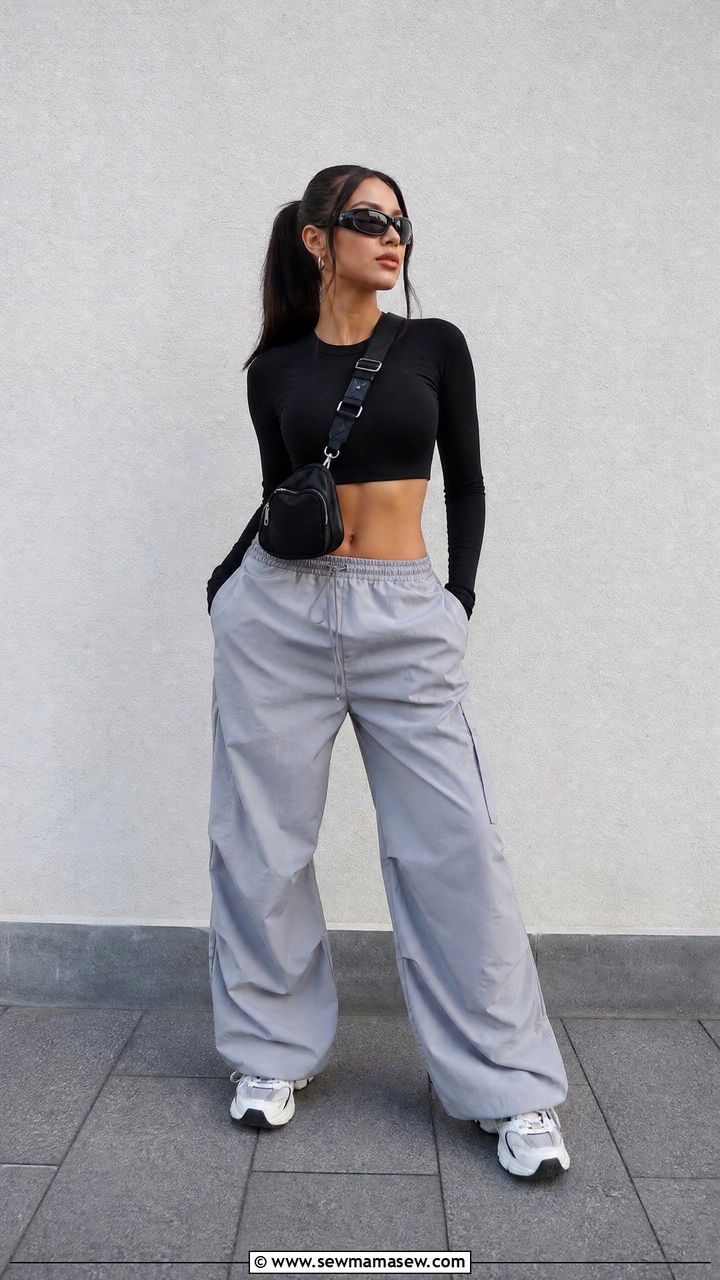 Long Sleeve Crop Top With Parachute Pants - 20 long sleeve crop top outfit ideas