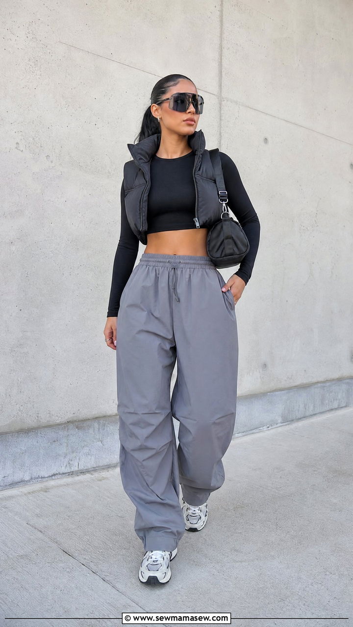 Long Sleeve Crop Top With Parachute Pants - 20 edgy crop top outfit ideas