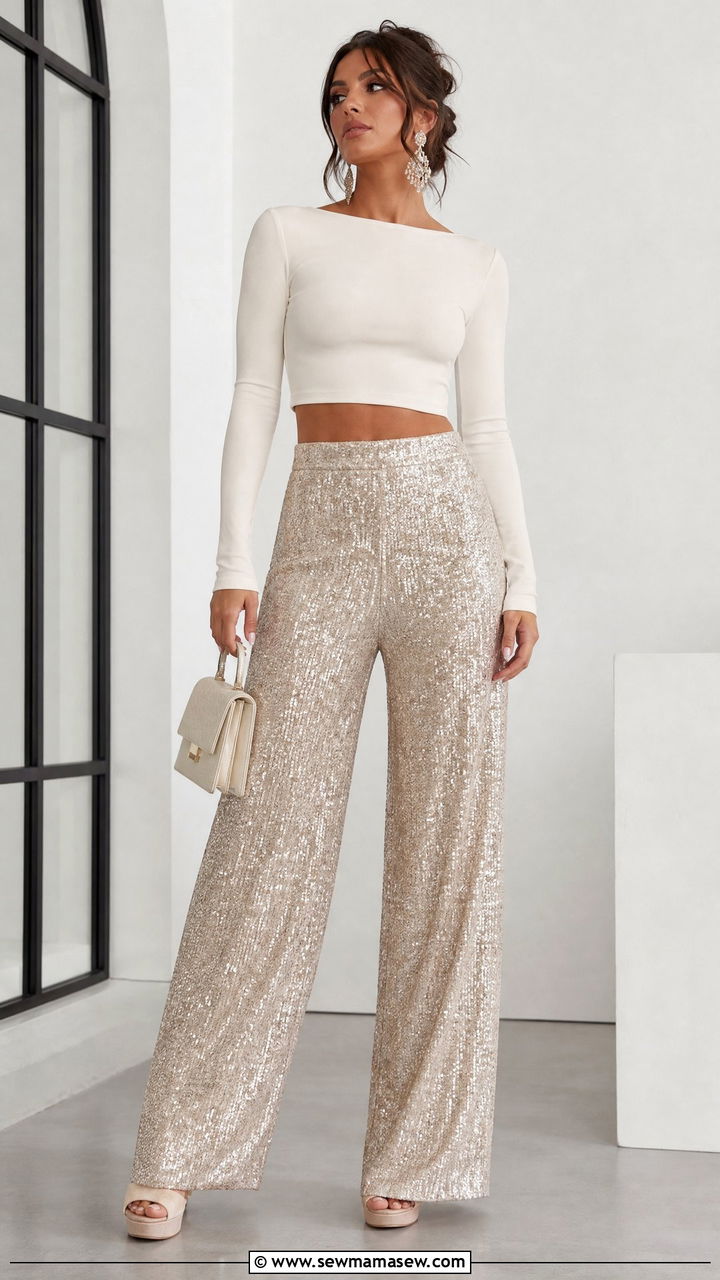 Long Sleeve Crop Top With Sequin Wide Leg Pants - 20 crop top with sequin pants outfit ideas