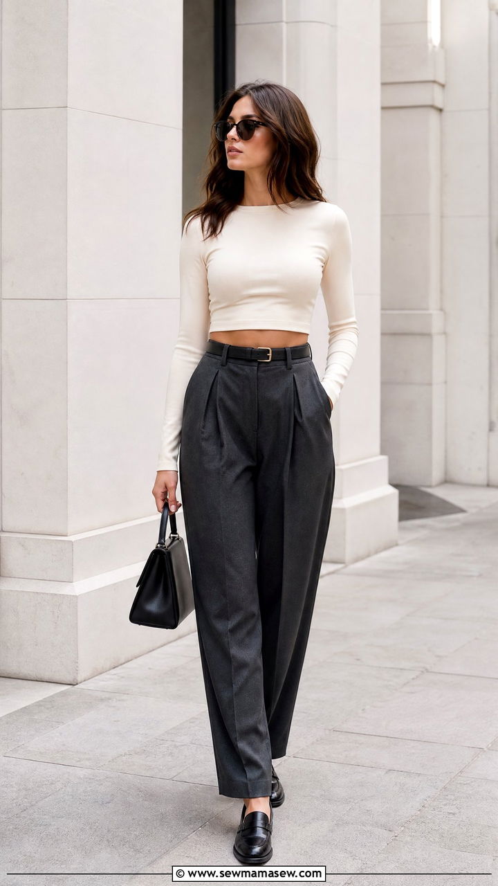 Long Sleeve Crop Top With Tailored Trousers - 20 minimalist crop top outfit ideas