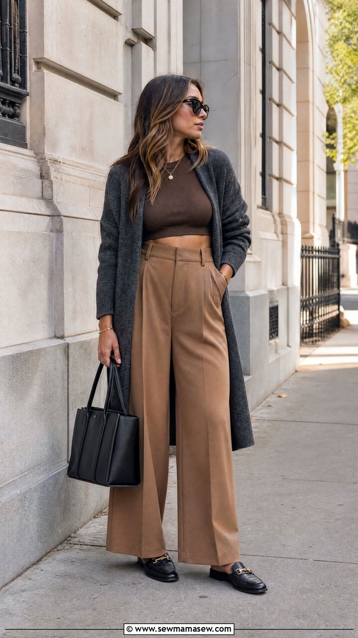 Long Sleeve Crop Top With Wide Leg Pants - 20 cozy crop top outfits fall