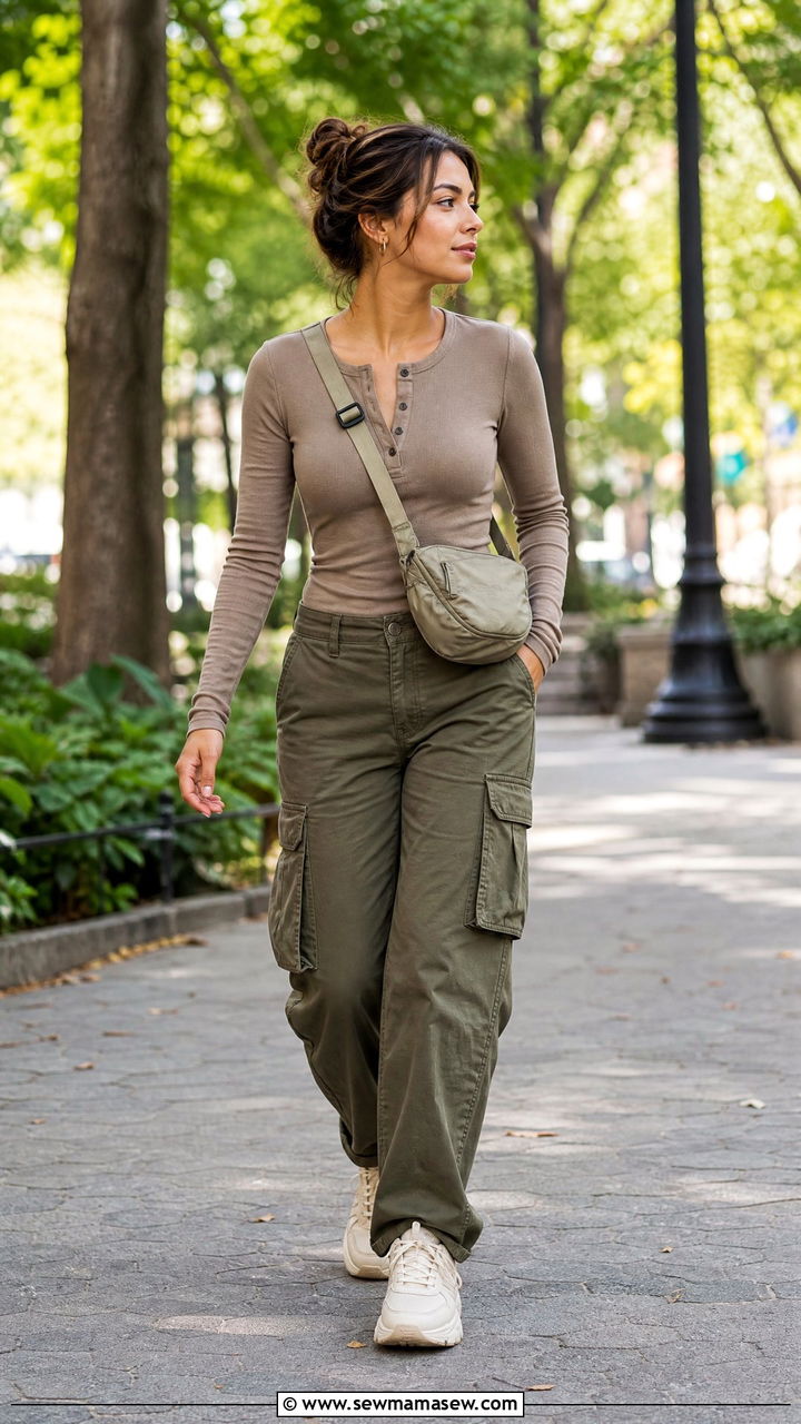Long Sleeve Henley Top With Cargo Pants - 20 henley top outfit ideas