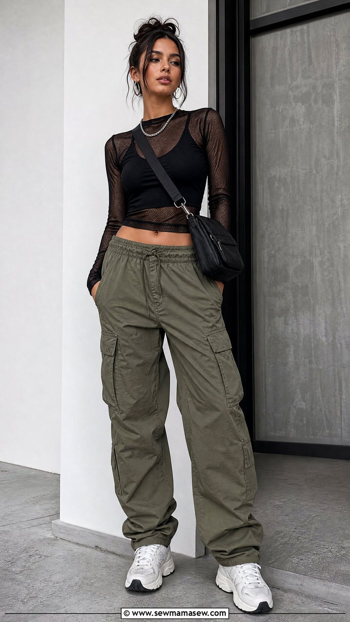 Long Sleeve Mesh Top Outfit With Cargo Pants - 20 mesh top outfit ideas