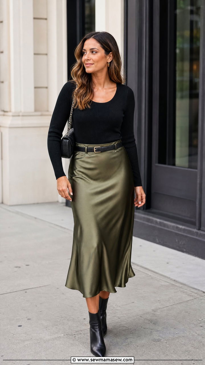 Long Sleeve Scoop Neck Top With Midi Skirt - 20 scoop neck top outfit ideas