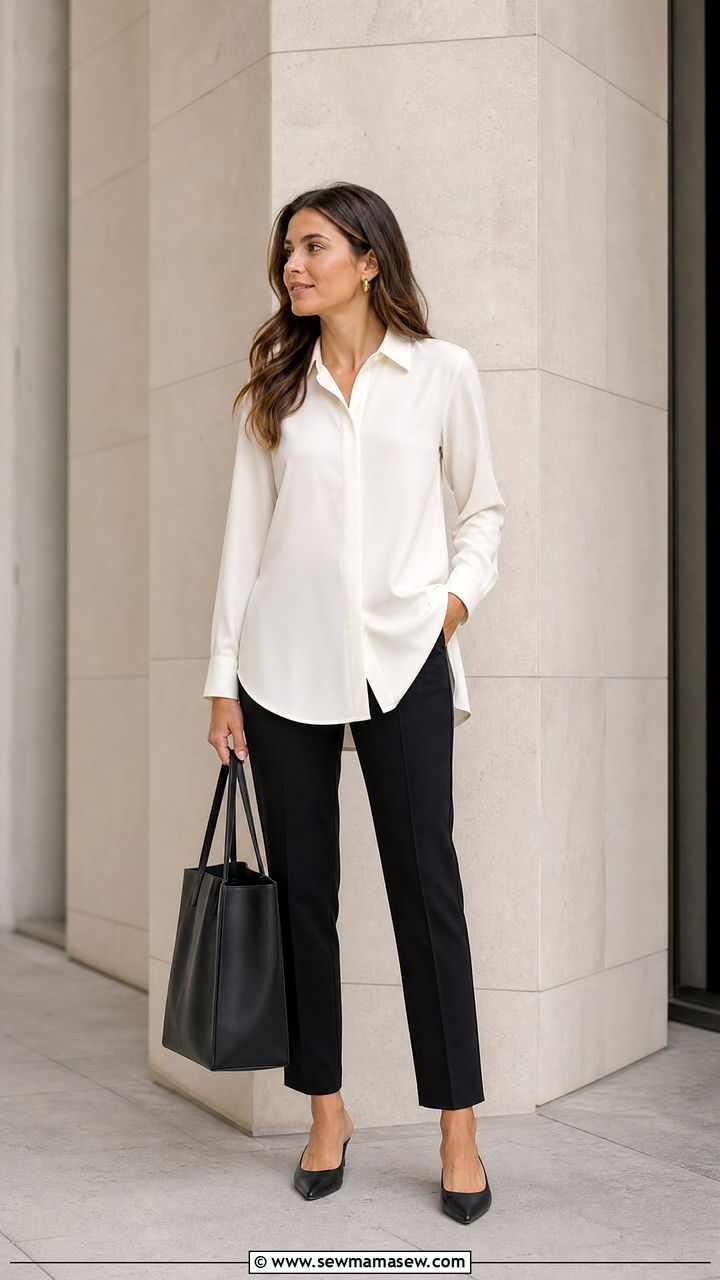 Longline Blouse With Tailored Trousers Outfit - 20 longline top outfit ideas