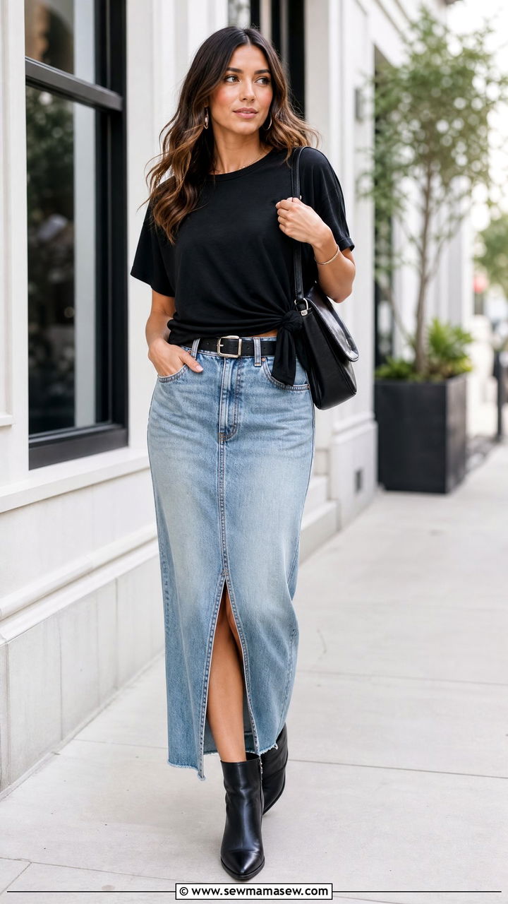 Longline T Shirt With Denim Maxi Skirt - 20 longline t shirt outfit ideas