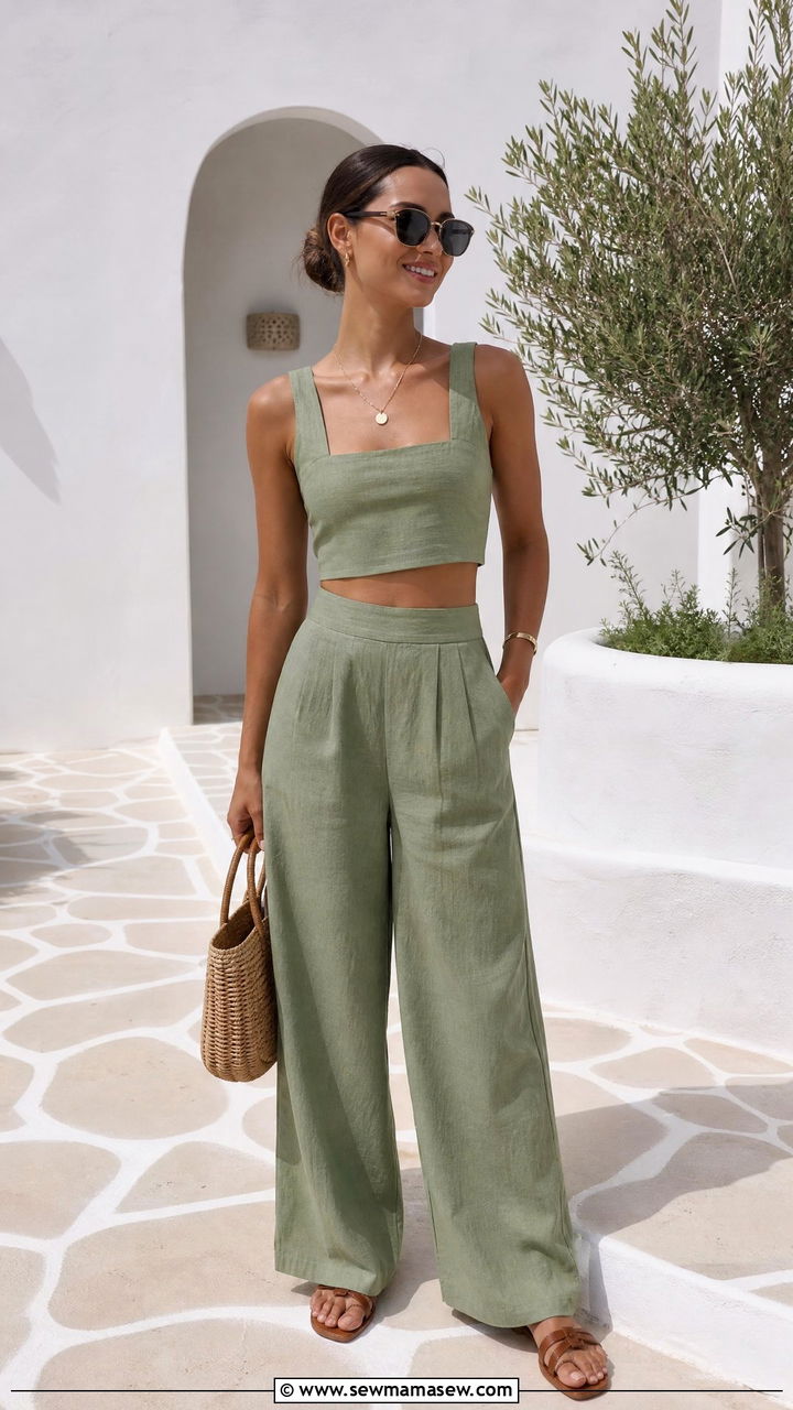 Matching Crop Top And Wide Leg Pants Set - 20 summer crop top outfit ideas with wide leg pants