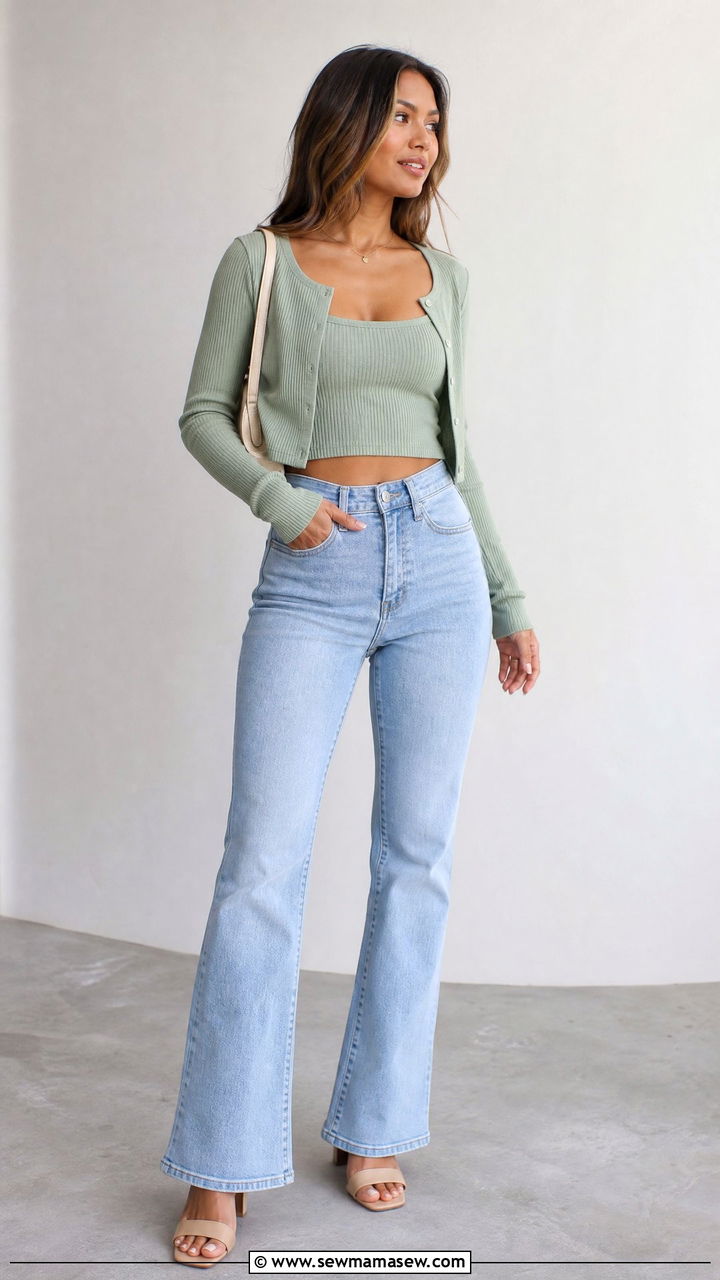 Matching Crop Top Set With Bootcut Jeans - 20 crop top with bootcut jeans outfit ideas