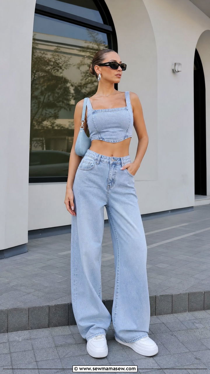 Matching Crop Top With Baggy Jeans Set - 20 crop top with baggy jeans outfit ideas