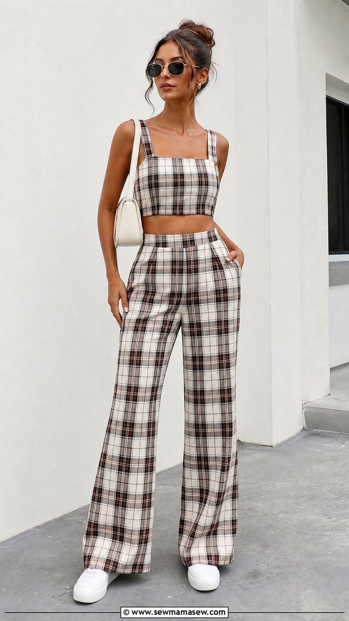 Matching Plaid Crop Top And Plaid Pants Outfit - 20 crop top with plaid pants outfit ideas