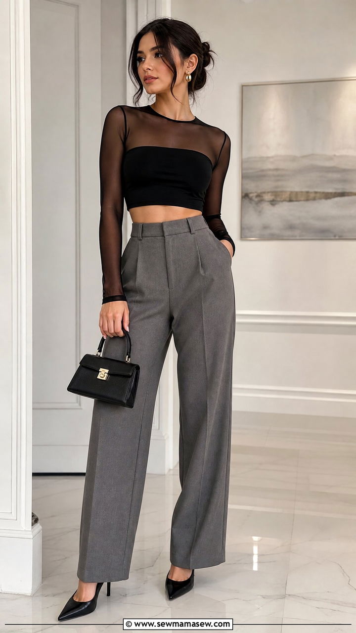 Mesh Crop Top And Trousers Outfit - 20 crop top outfits for party