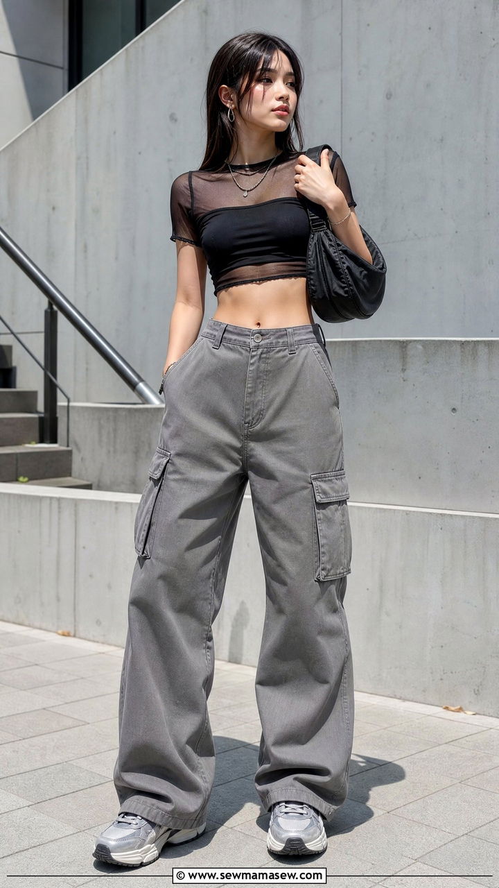 Mesh Crop Top With Cargo Pants - 20 summer crop top outfit ideas with cargo pants