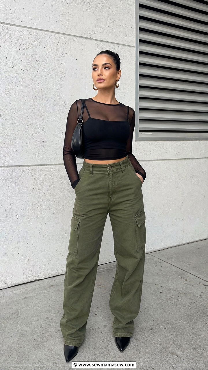Mesh Crop Top With Cargo Pants - 20 crop top night out outfit ideas
