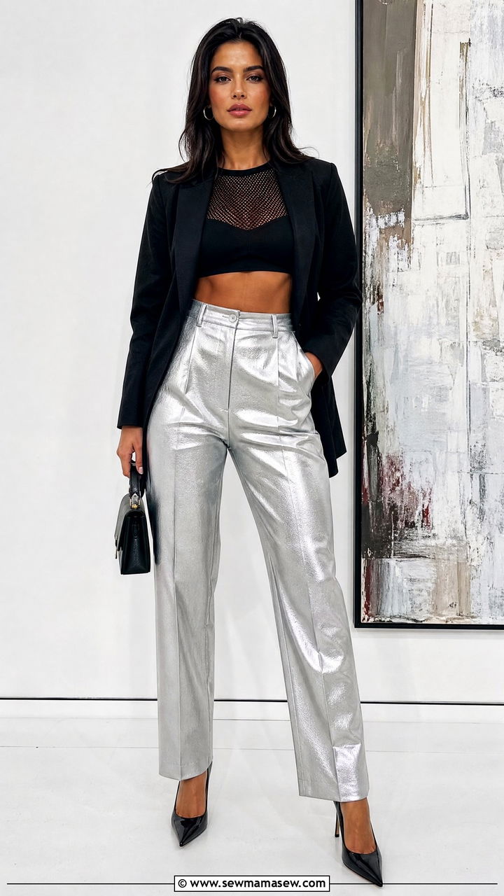 Mesh Crop Top With Metallic Pants - 20 crop top with metallic pants outfit ideas