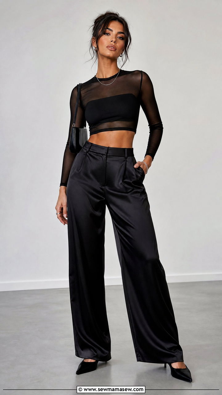 Mesh Crop Top With Satin Pants - 20 crop top with satin pants outfit ideas