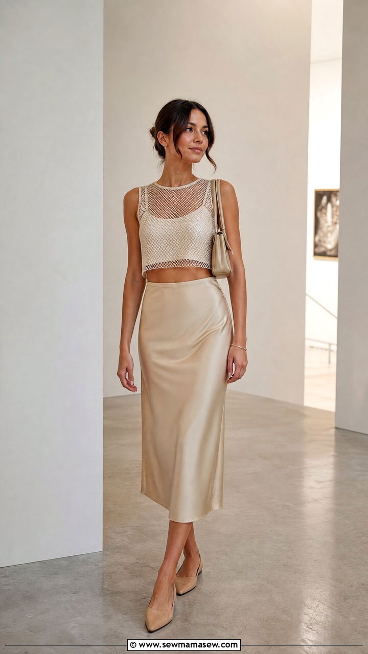 Mesh Crop Top With Satin Slip Skirt - 20 summer crop top outfit ideas with a slip skirt