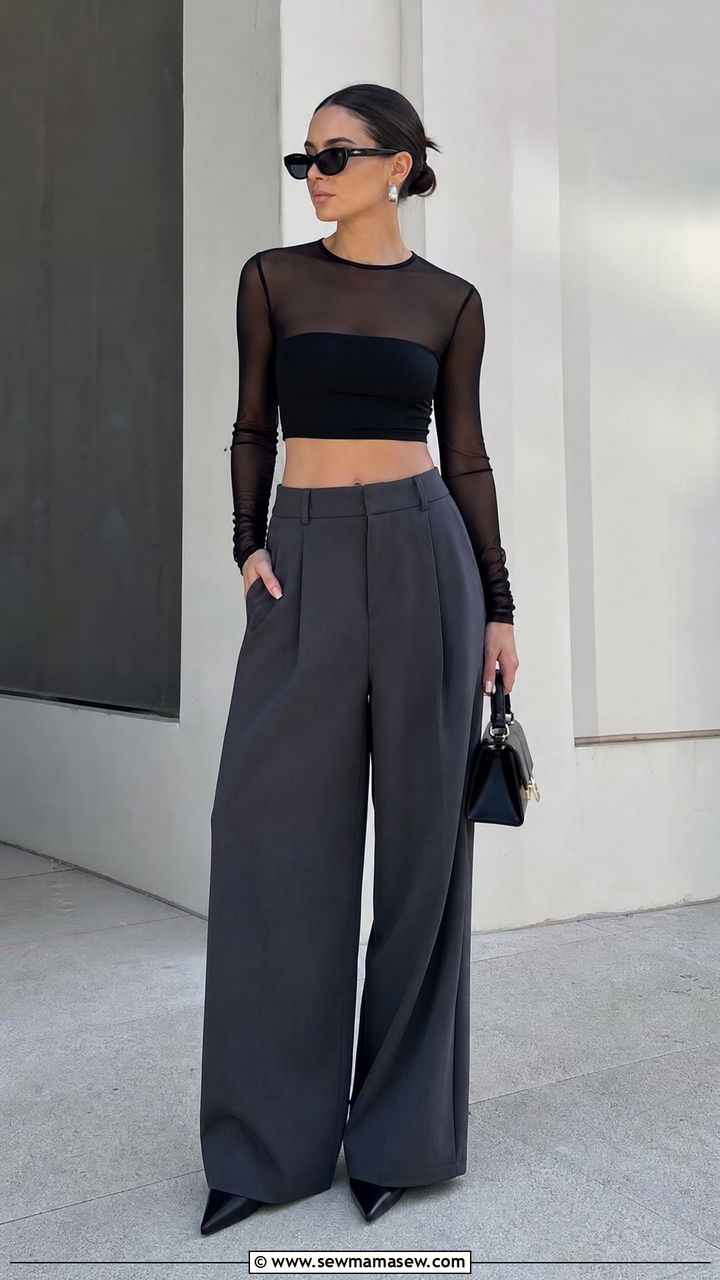 Mesh Crop Top With Wide Leg Trousers - 20 edgy crop top outfit ideas