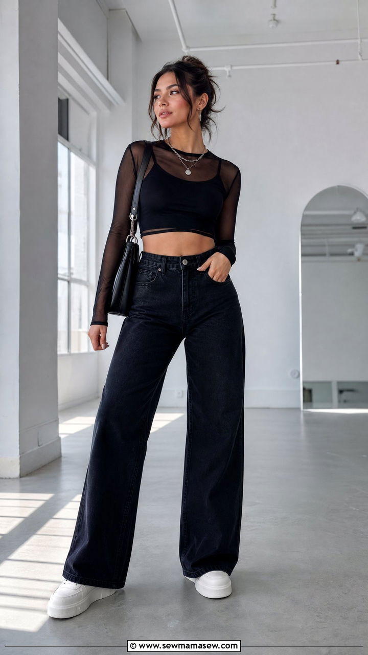 Mesh Layer Crop Top With High Waisted Jeans - 20 crop top with high waisted jeans
