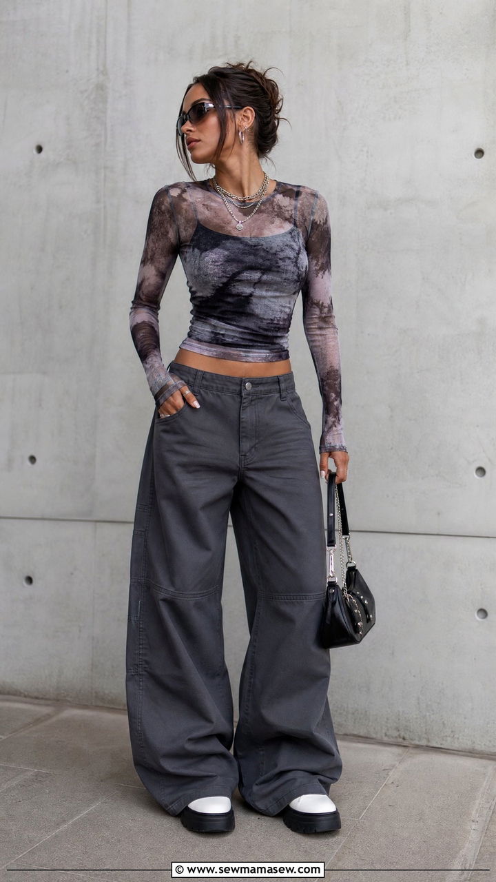Mesh Top With Wide Leg Pants Outfit - 20 y2k top outfit ideas