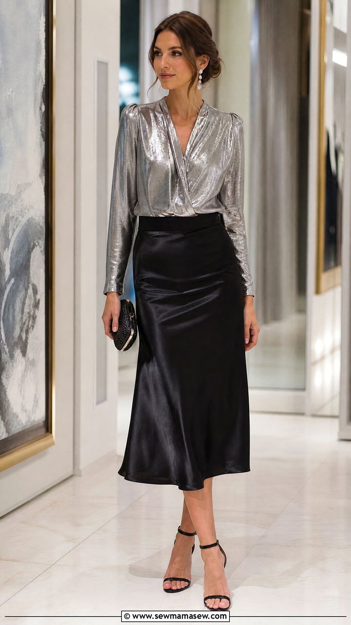 Metallic Blouse With Satin Midi Skirt - 20 metallic top outfit ideas