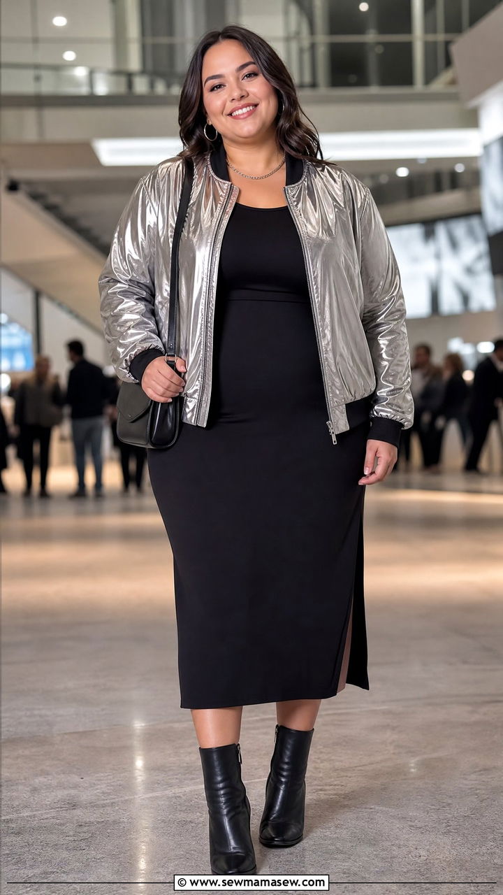 Metallic Bomber Jacket With Black Dress - 20 plus size bomber jacket outfit ideas