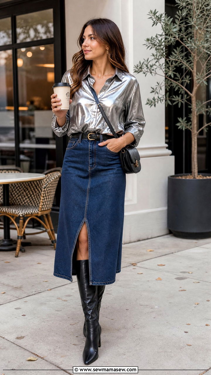 Metallic Button Down Shirt With Denim Skirt - 20 metallic top outfit ideas