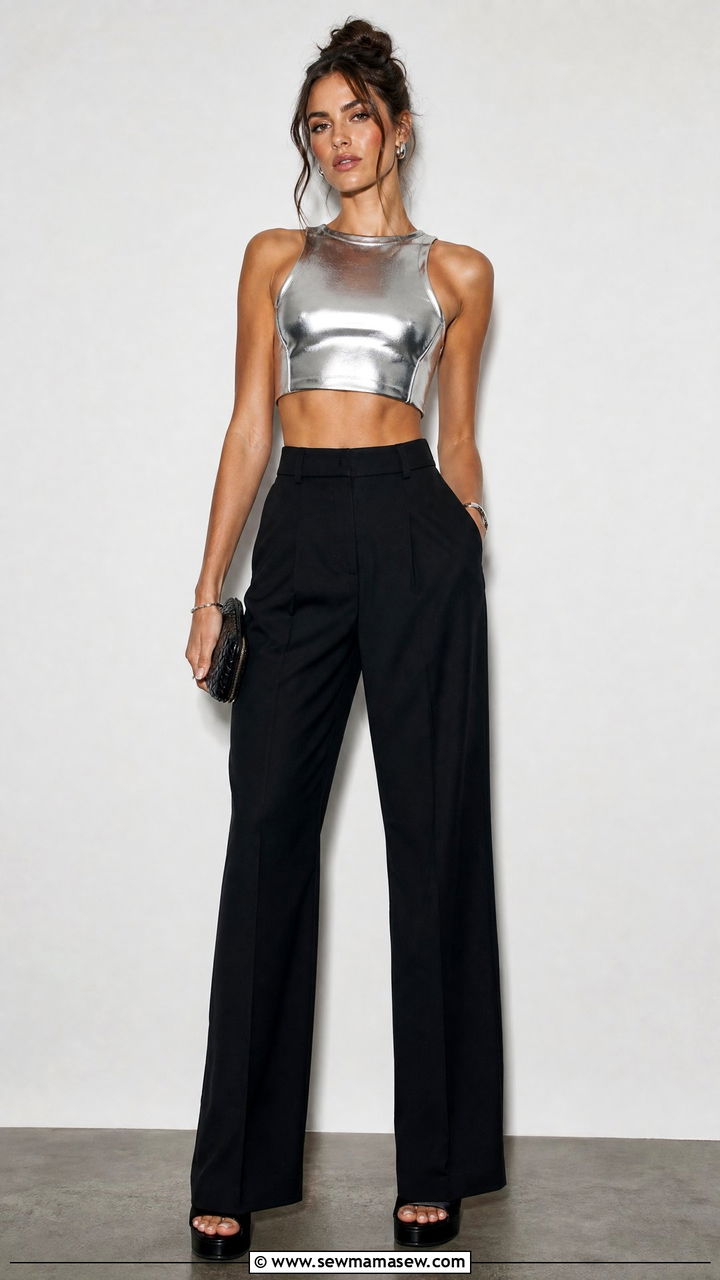 Metallic Crop Top With Black Trousers - 20 edgy crop top outfit ideas