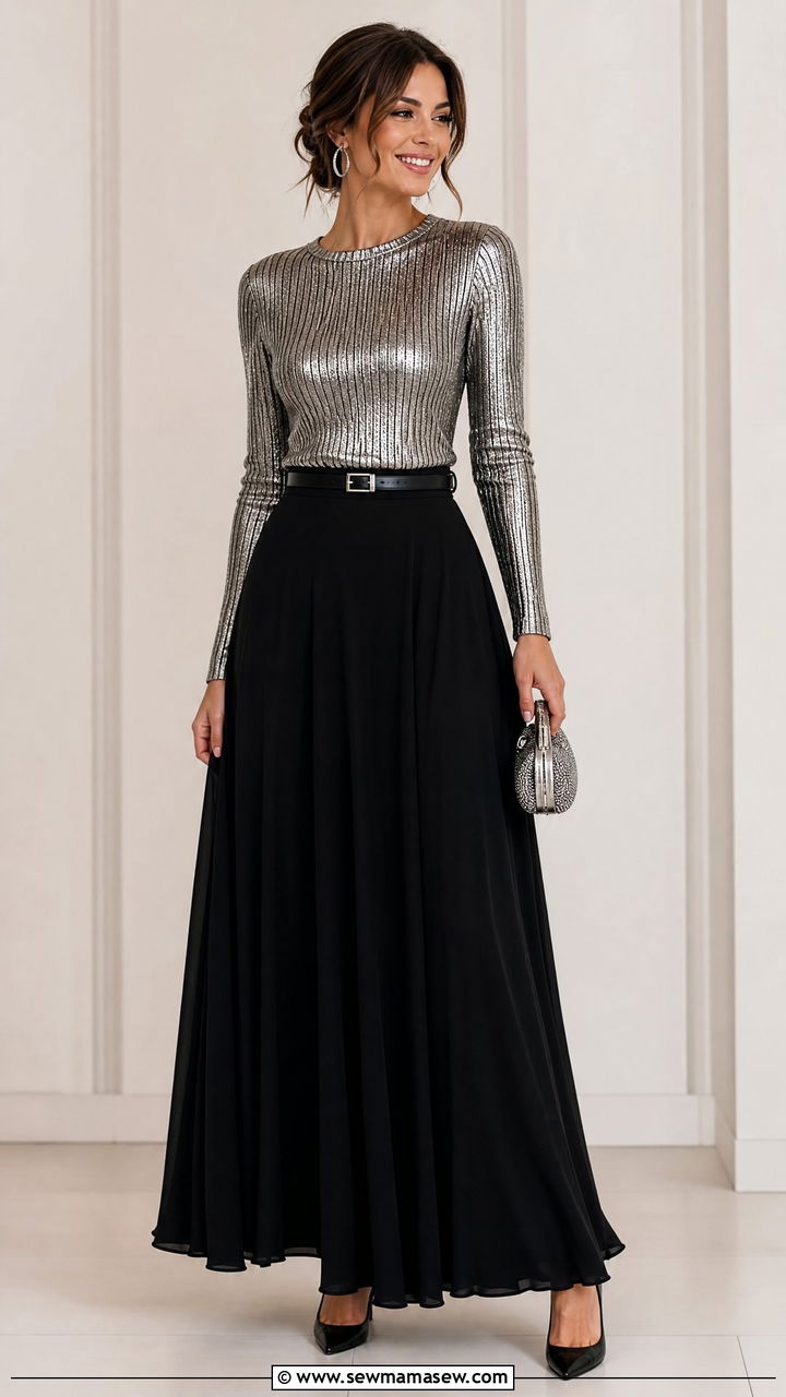 Metallic Knit Top With Black Maxi Skirt - 20 holiday party top outfit ideas