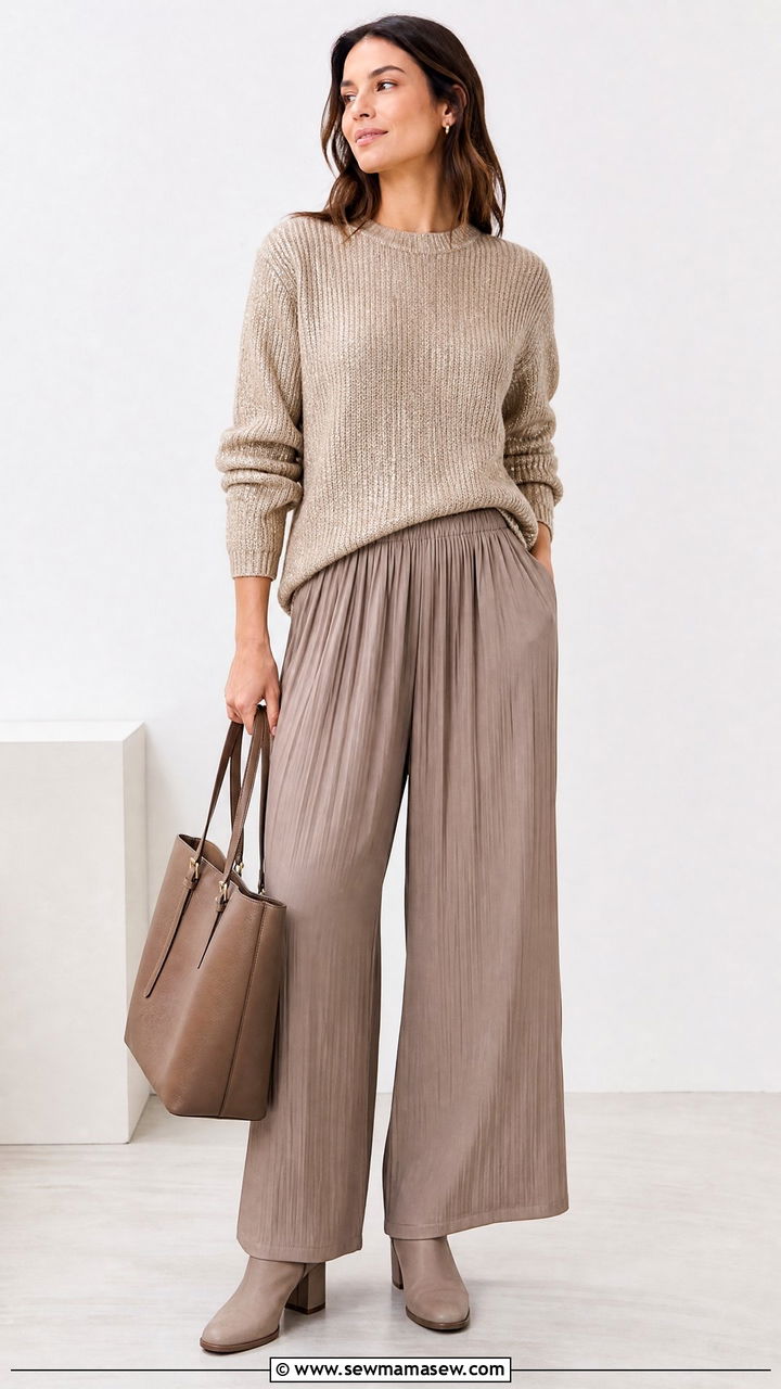 Metallic Knit Top With Pleated Pants - 20 metallic top outfit ideas