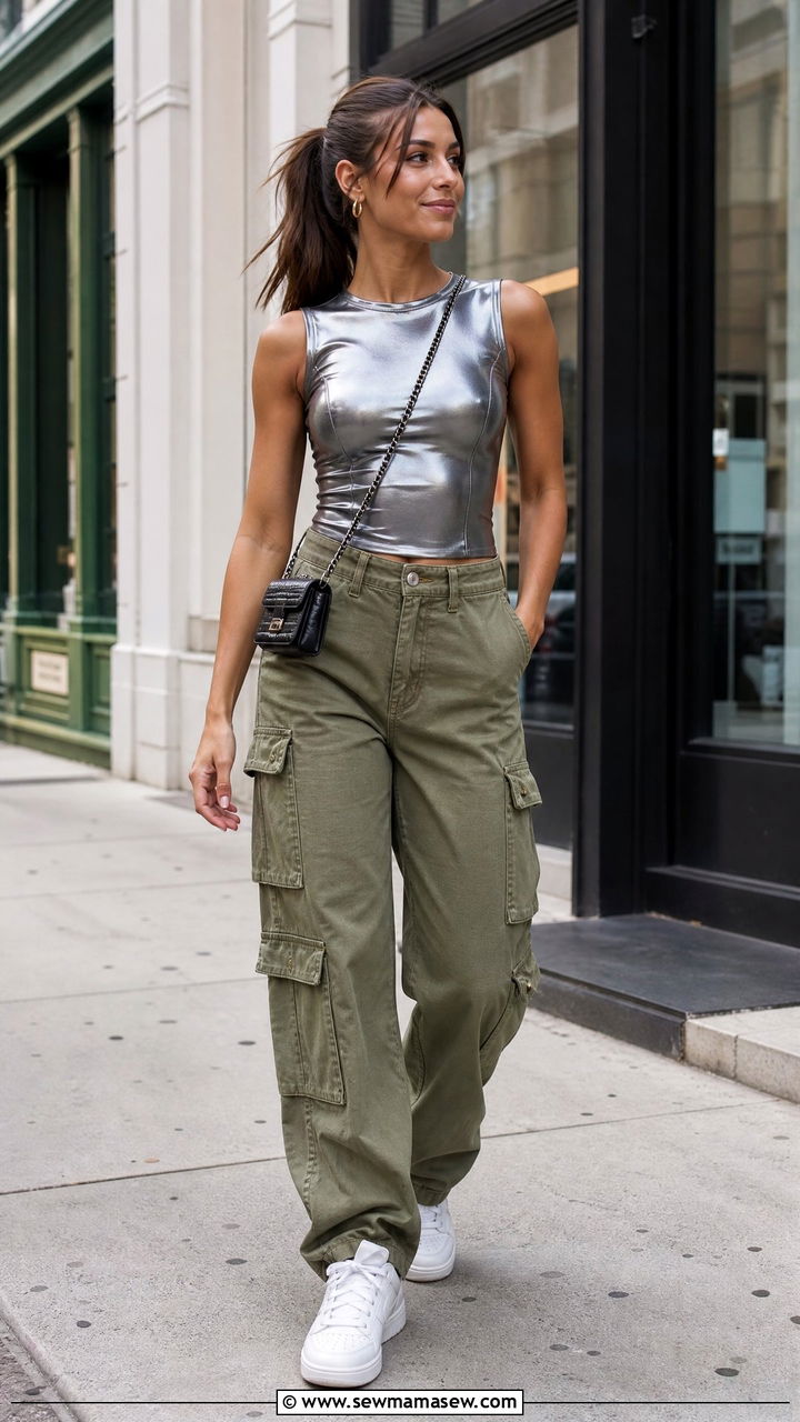 Metallic Top With Cargo Pants - 20 metallic top outfit ideas