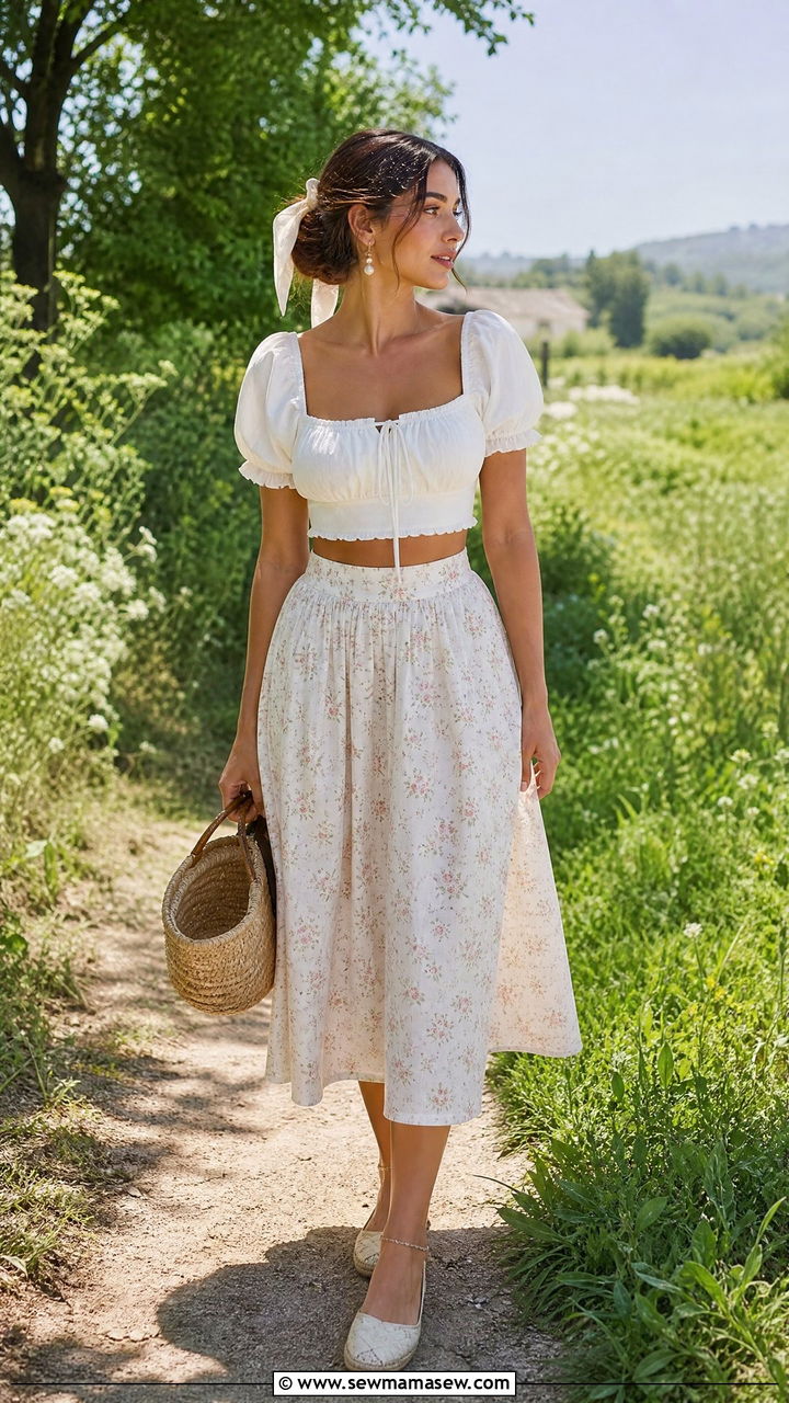 Milkmaid Crop Top With Cotton Midi Skirt - 20 coquette summer crop top outfit ideas