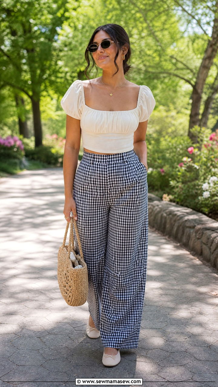 Milkmaid Top With Gingham Pants - 20 milkmaid top outfit ideas