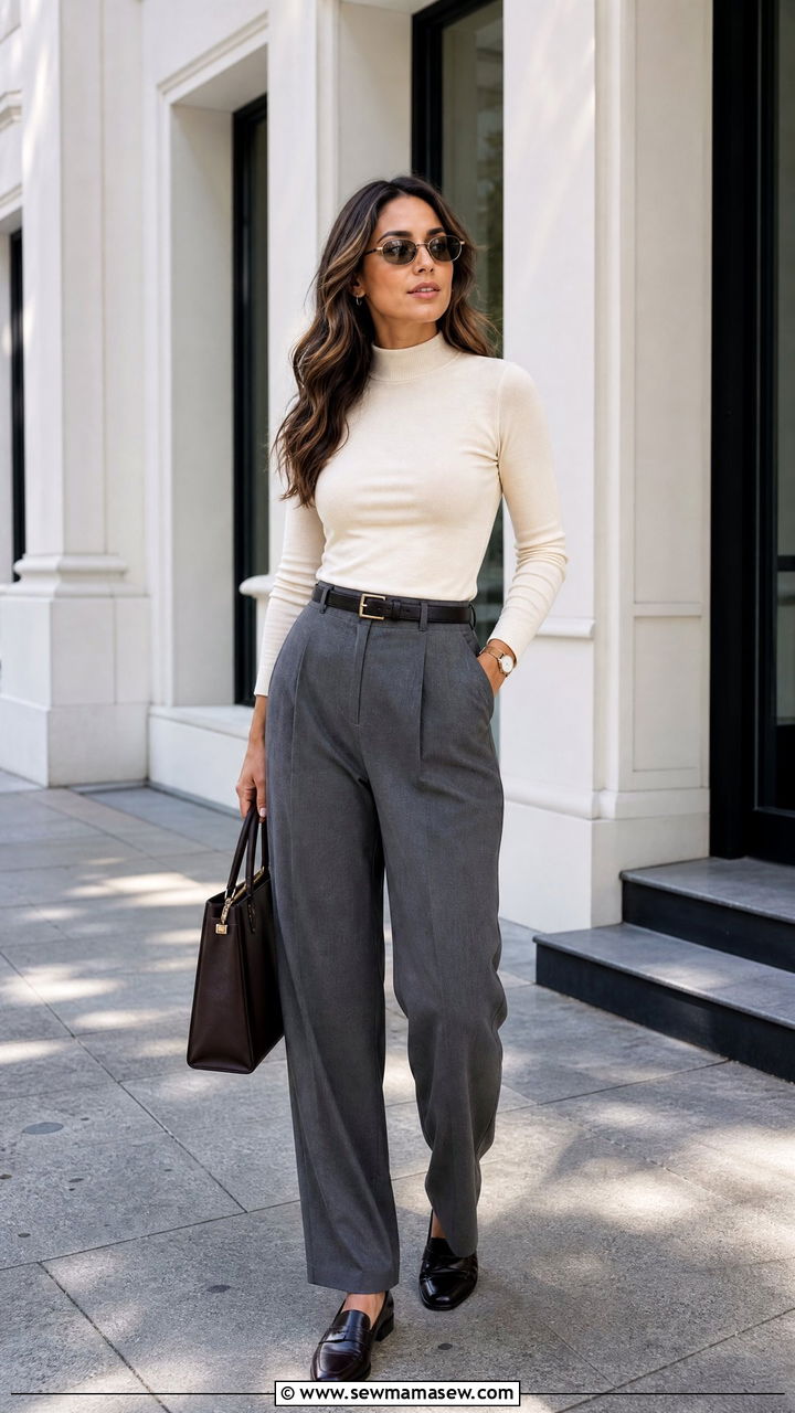 Mock Neck Bodycon Top With Pleated Trousers - 20 bodycon top outfit ideas