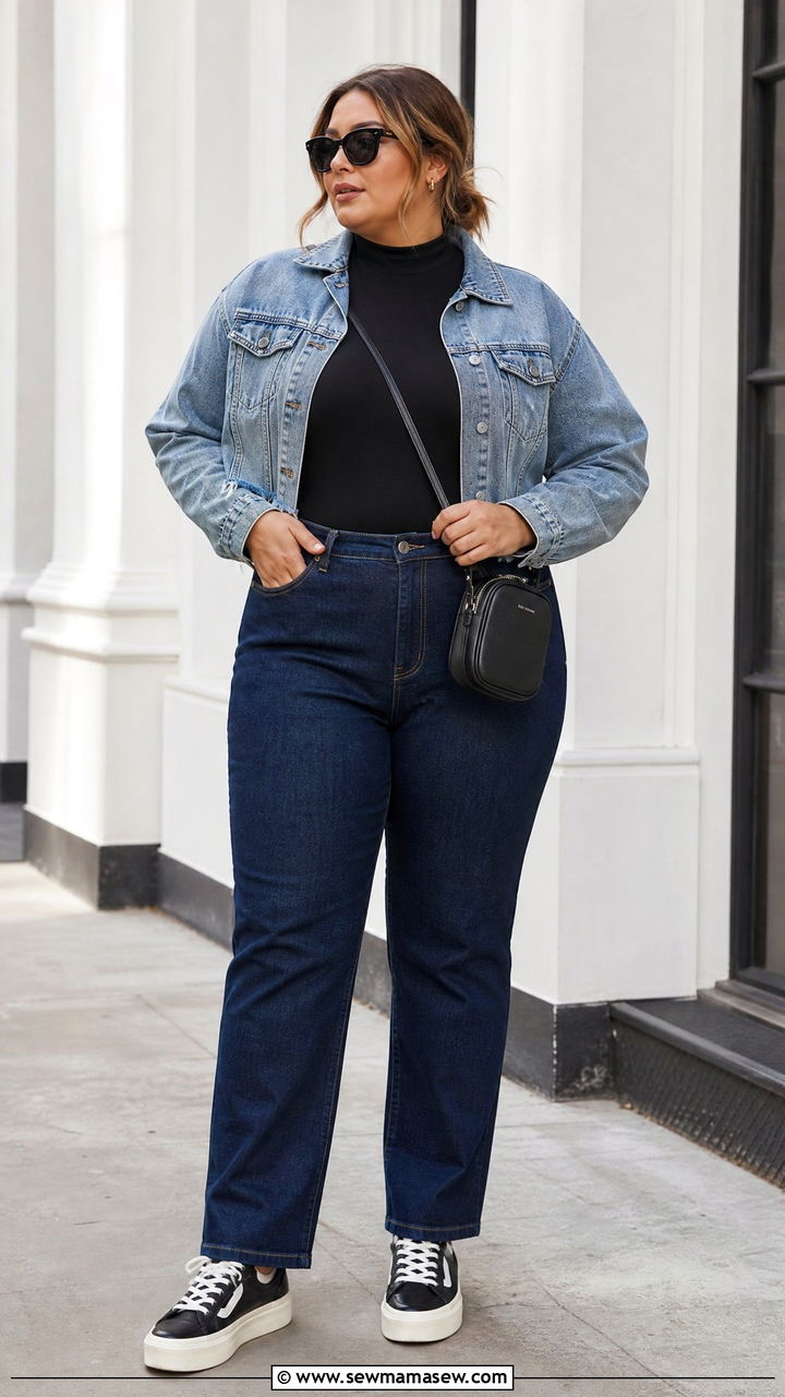 Mock Neck Bodysuit With Straight Leg Jeans - 20 plus size mock neck top outfit ideas