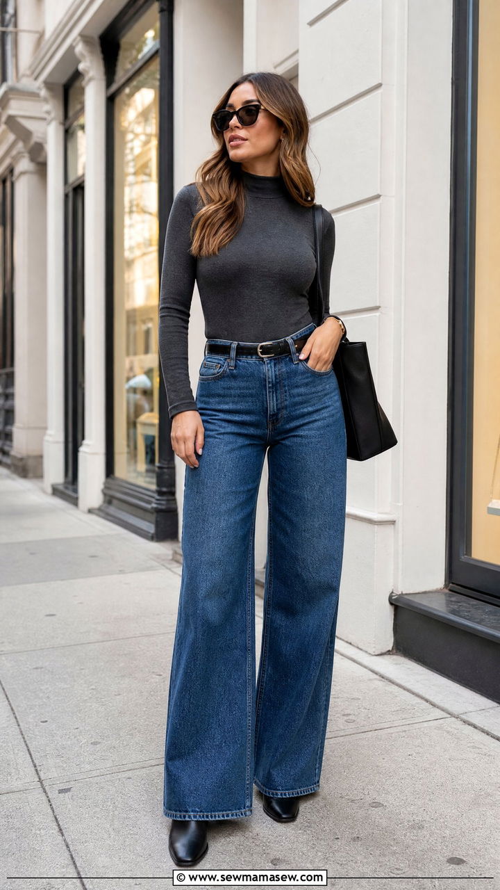 Mock Neck Bodysuit With Wide Leg Jeans - 20 bodysuit top outfit ideas
