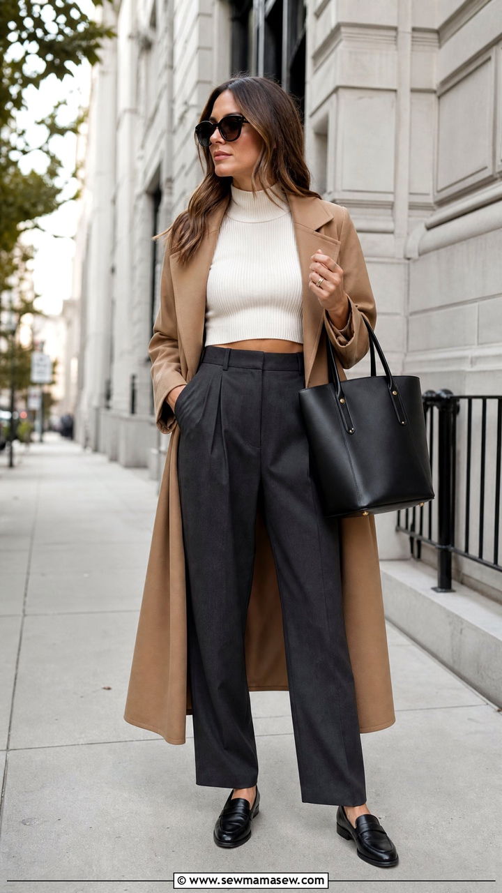 Mock Neck Crop Top With Tailored Trousers - 20 cozy crop top outfits fall