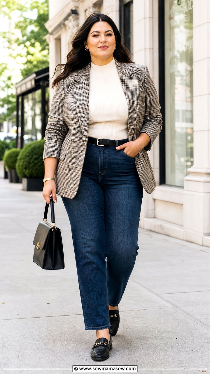 Mock Neck Sweater With Blazer And Jeans - 20 plus size mock neck sweater outfit ideas