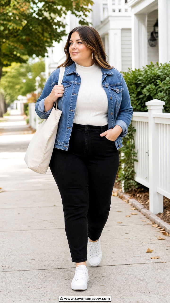 Mock Neck Sweater With Denim Jacket And Jeans - 20 plus size mock neck sweater outfit ideas