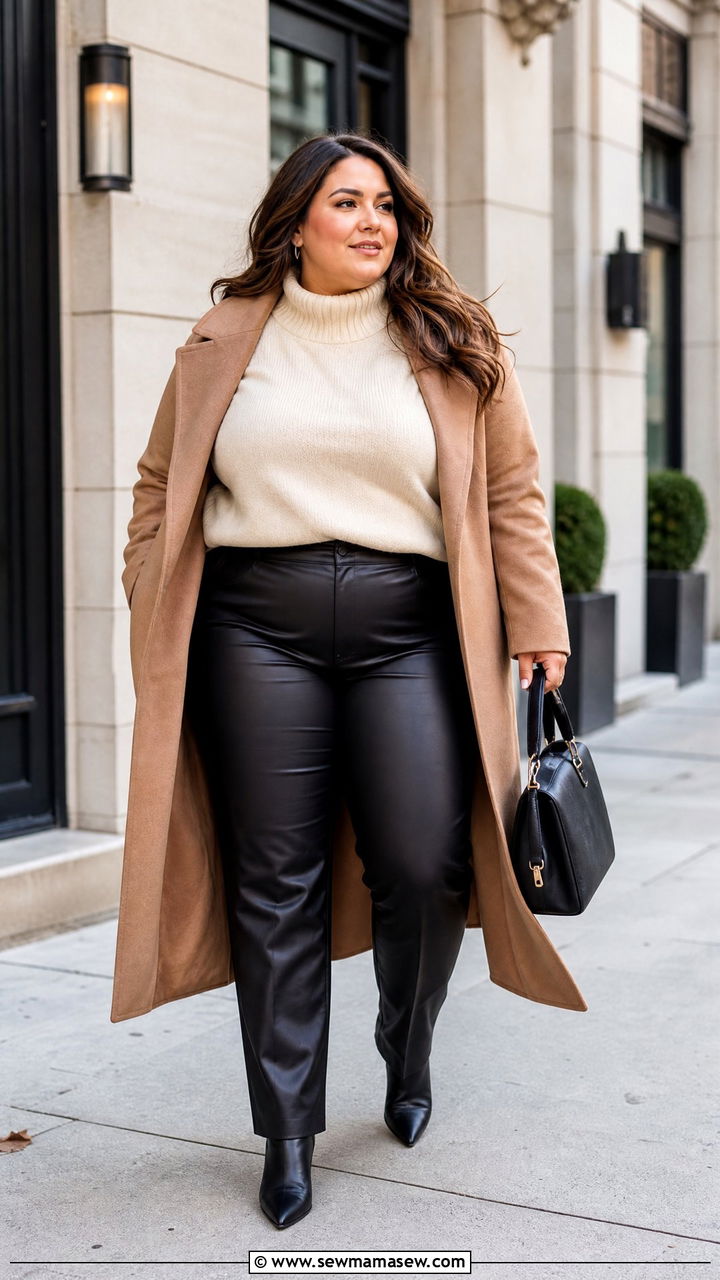 Mock Neck Sweater With Faux Leather Pants - 20 plus size mock neck top outfit ideas