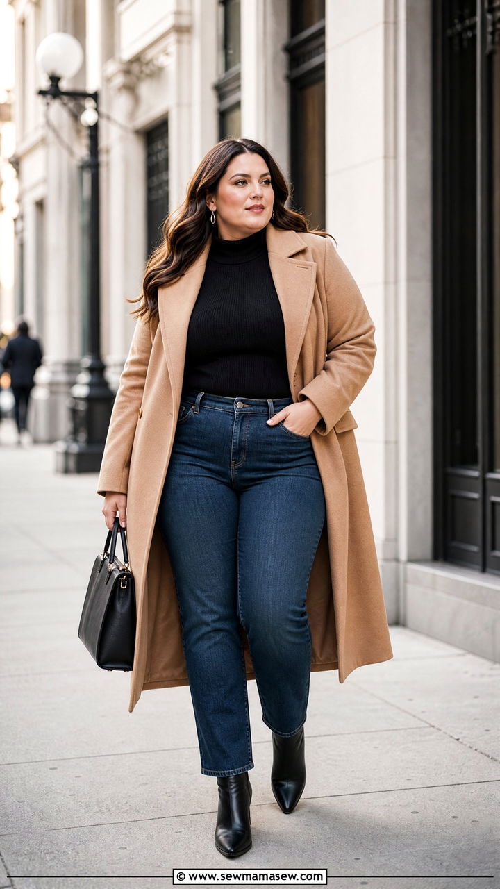 Mock Neck Sweater With Long Coat And Boots - 20 plus size mock neck sweater outfit ideas
