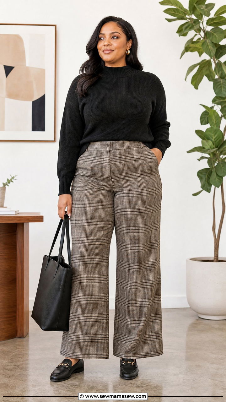 Mock Neck Sweater With Plaid Pants - 20 plus size mock neck sweater outfit ideas
