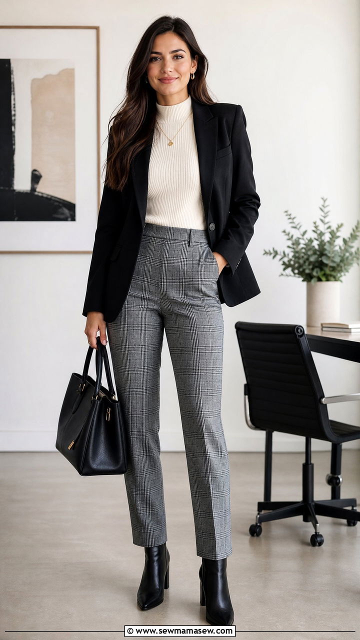 Mock Neck Sweater With Plaid Trousers - 20 mock neck sweater outfit ideas