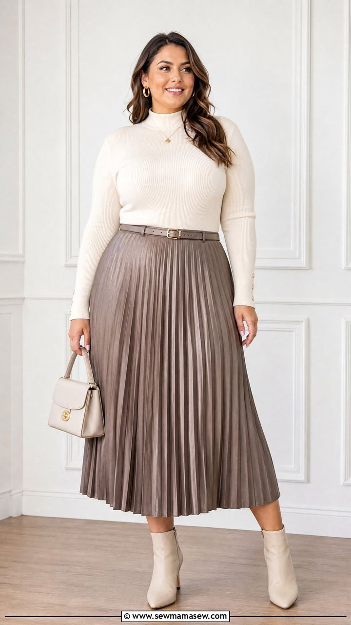 Mock Neck Sweater With Pleated Skirt - 20 plus size mock neck sweater outfit ideas