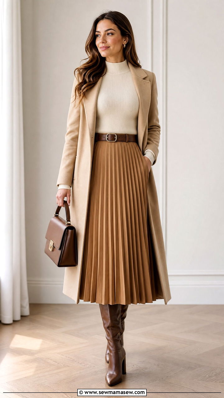 Mock Neck Sweater With Pleated Skirt - 20 mock neck sweater outfit ideas